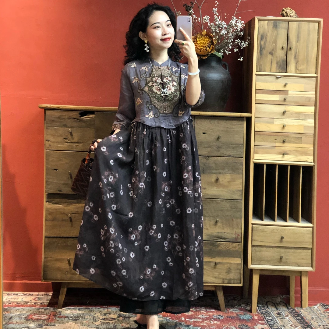 【羊在在】夏季新品民族风国风重工刺绣气质拼接连衣裙L90063