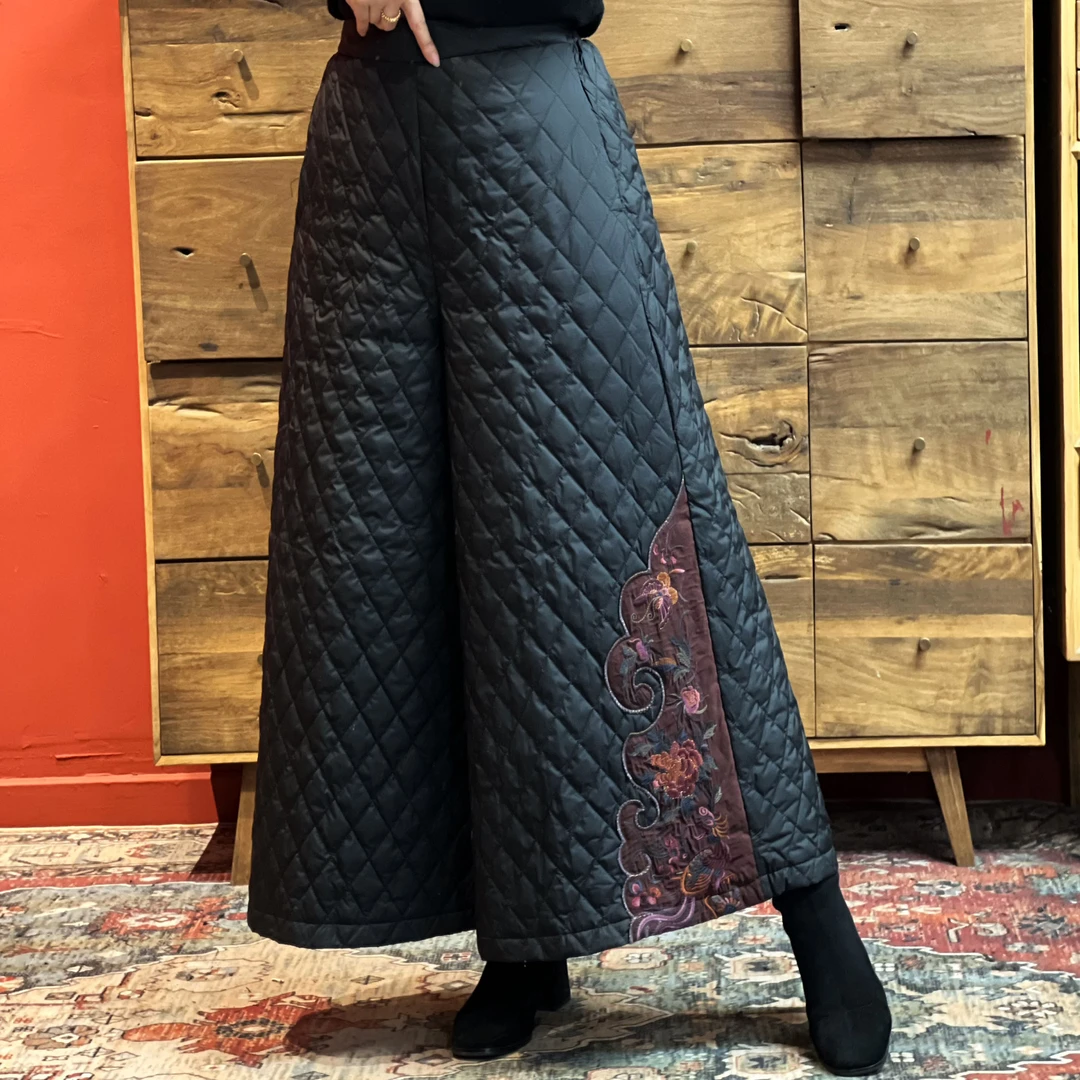 【羊在在】冬季新款菱形格纹重工刺绣阔腿羽绒裤YRK90228