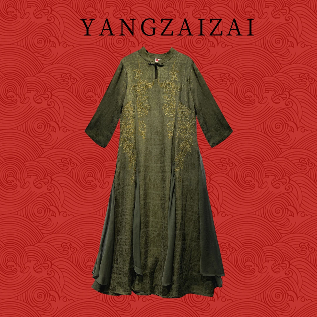 YANGZAIZAI/羊在在春新款新中式显瘦民族风刺绣旗袍连衣裙LYQ830