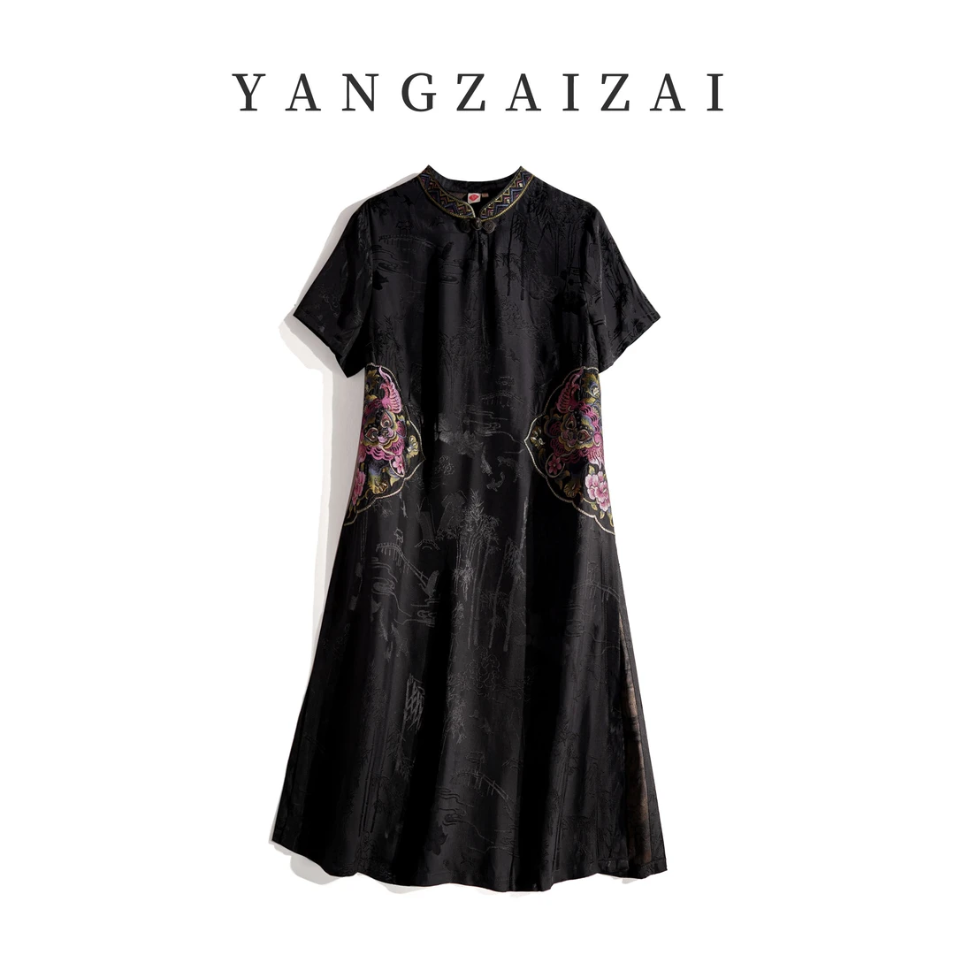 羊在在【瑞兽醒狮】新中式奥黛旗袍垂感显瘦禅意连衣裙L24YX0375