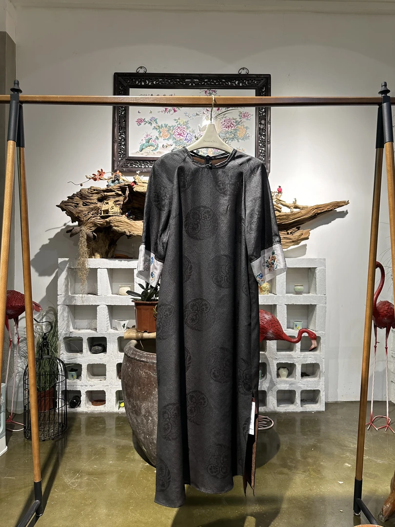 非物遗香云纱四经绞罗团花长款国风复古女装连衣裙44027