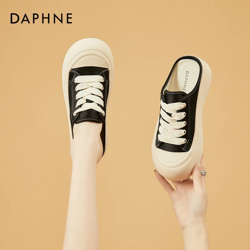 达芙妮厚底包头拖鞋女外穿2025春季舒适松糕软底帆布鞋平底半拖鞋