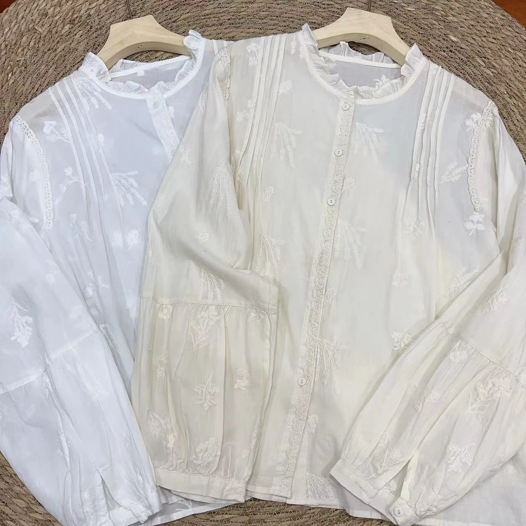 MANXMAN【法式浪漫】新款法式立领重工刺绣拼接打杆两色百搭衬衫女