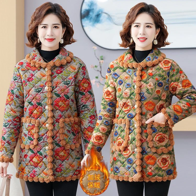 2024冬季中长款加绒棉服翻领时尚洋气妈妈棉袄加厚保暖碎花棉衣女