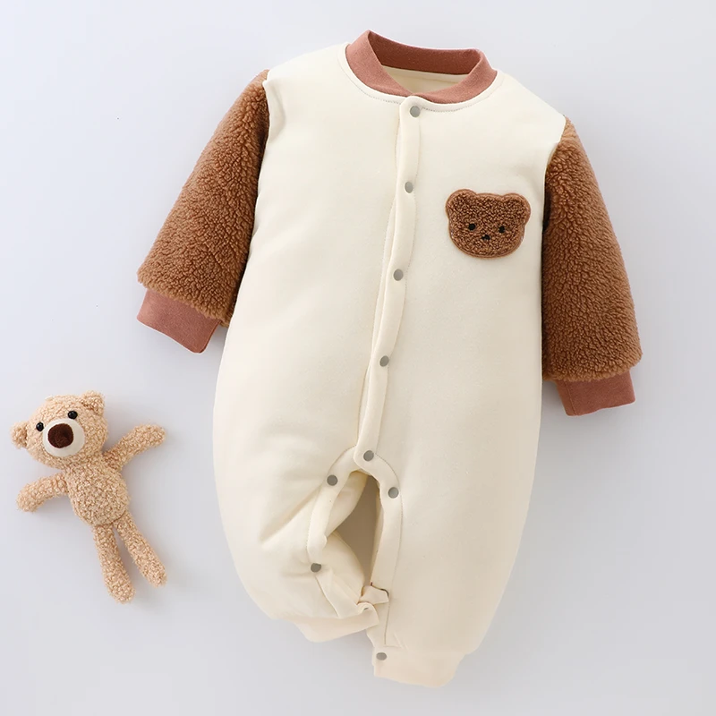 婴幼儿薄棉春装夹棉连体衣哈衣无骨对开保暖宝宝夹棉衣加厚秋冬季