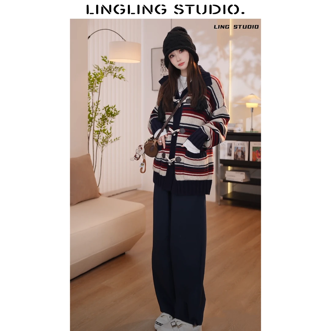 4092098-零零 慵懒小调 2024秋季时尚条纹绵羊毛针织开衫毛衣