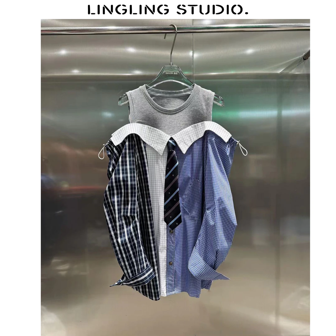 4082001-零零『一见钟情』2024秋季复古休闲小众设计感露肩长袖衬衫