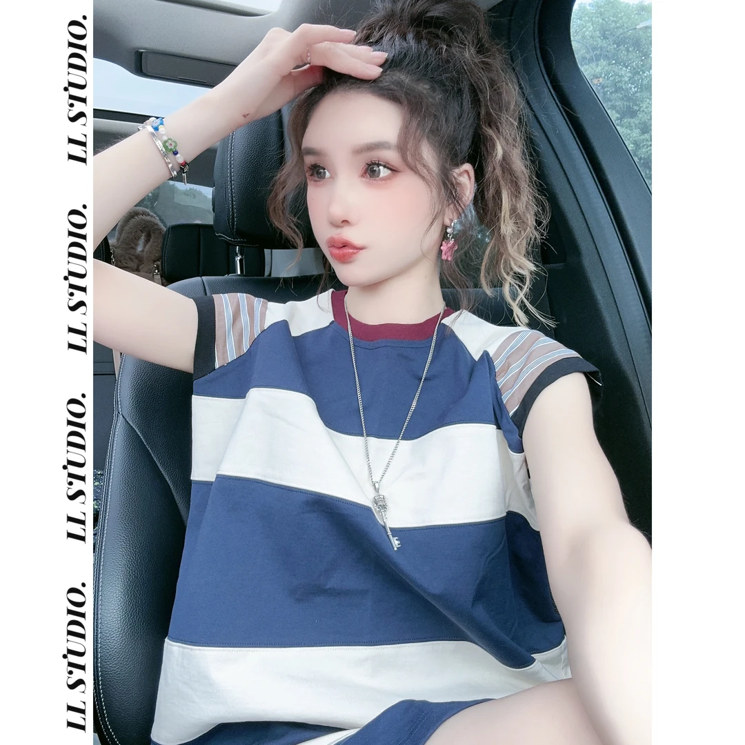 3060922-零零『好久不见』百搭夏季时尚休闲撞色条纹连衣裙//裙长84