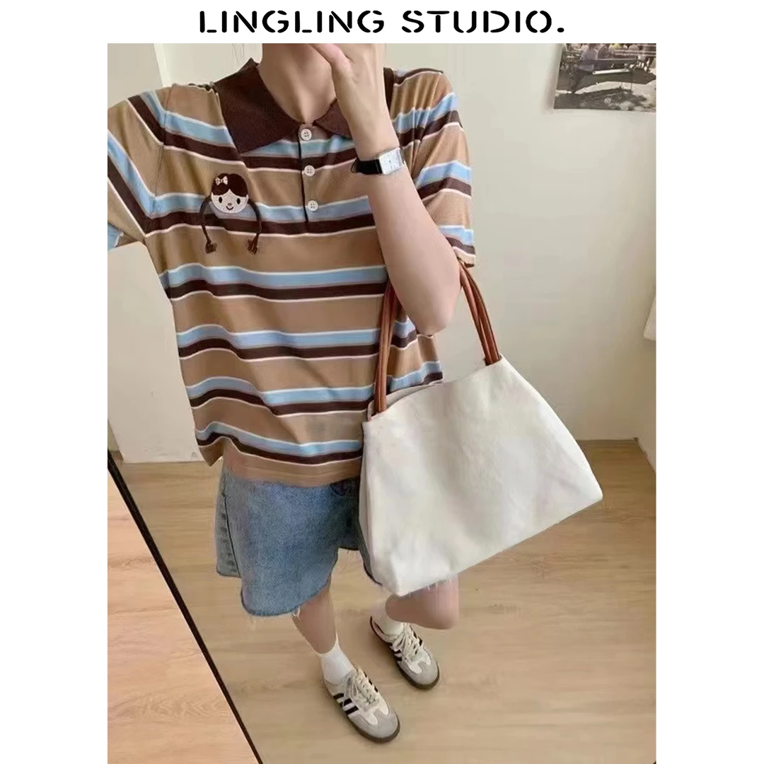 4071401-零零『好姑娘』2024夏季减龄休闲POLO条纹立体装饰T恤