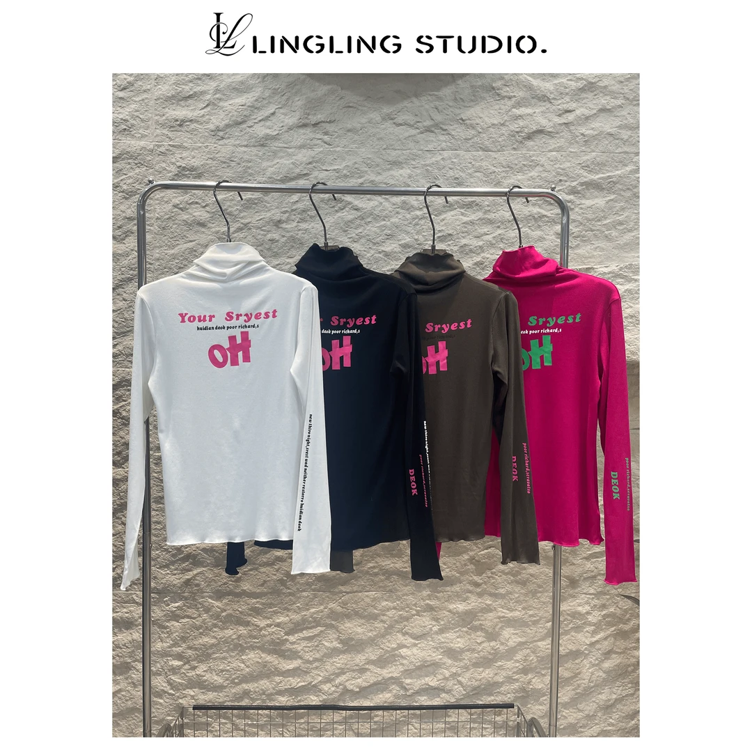 3091702-零零『』2024时尚休闲简约拼接字母印花高领长袖打底衫