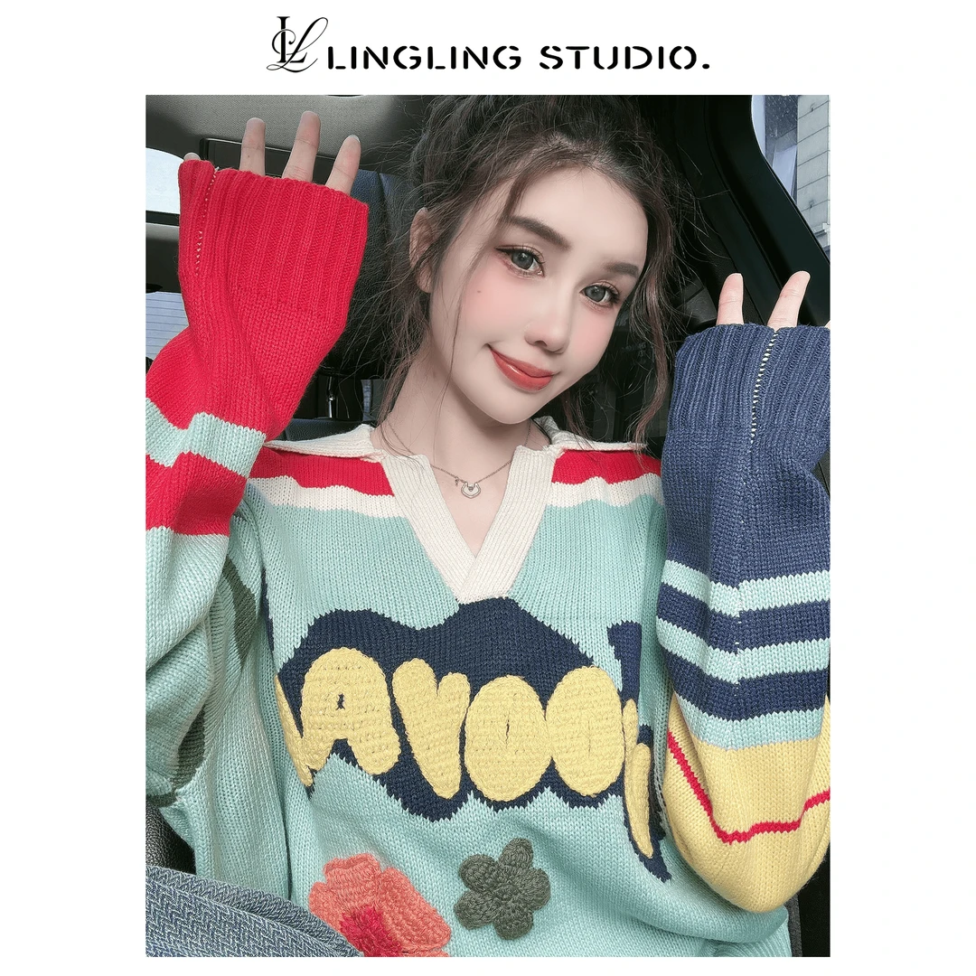 3112379- 零零『童话镇』2023冬时尚复古减龄卡通撞色可爱针织毛衣