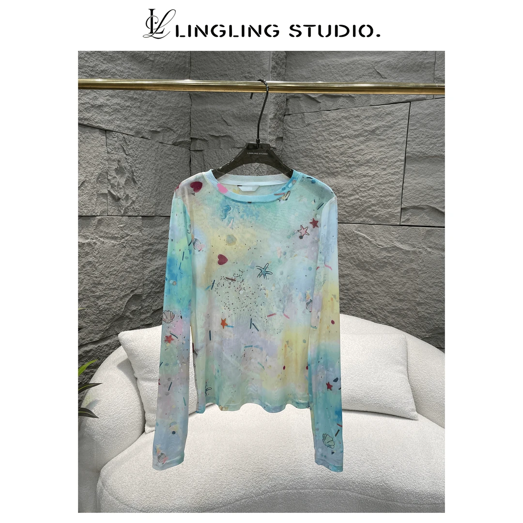 零零严选『海洋元素』2024春夏洋气显瘦修身满印网纱透气T恤