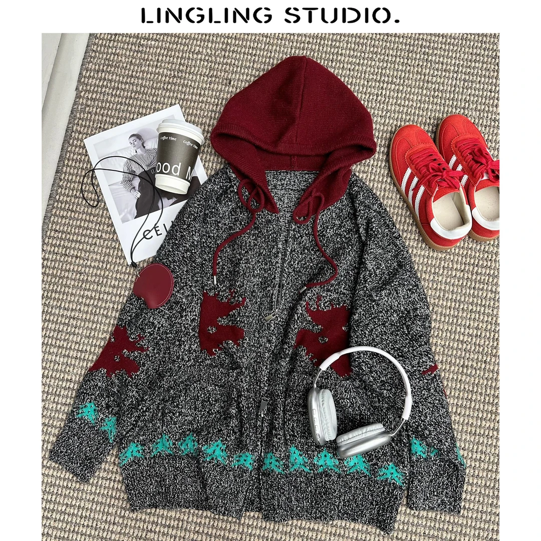 4010903-零零『不期而遇』2024秋冬时尚休闲洋气连帽开衫毛衣