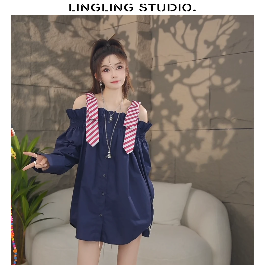 4071401-零零『少女心事』2024夏季小众高级时尚设计感露肩衬衫