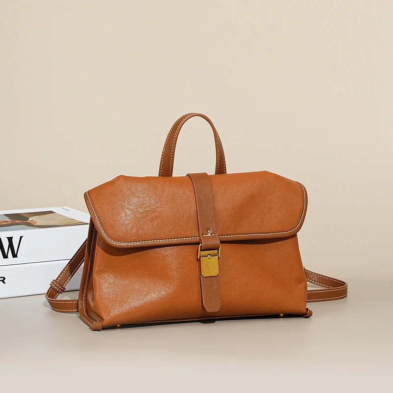 新款植鞣头层牛皮通勤休闲小众设计包女小挎包单肩斜挎包百搭真皮