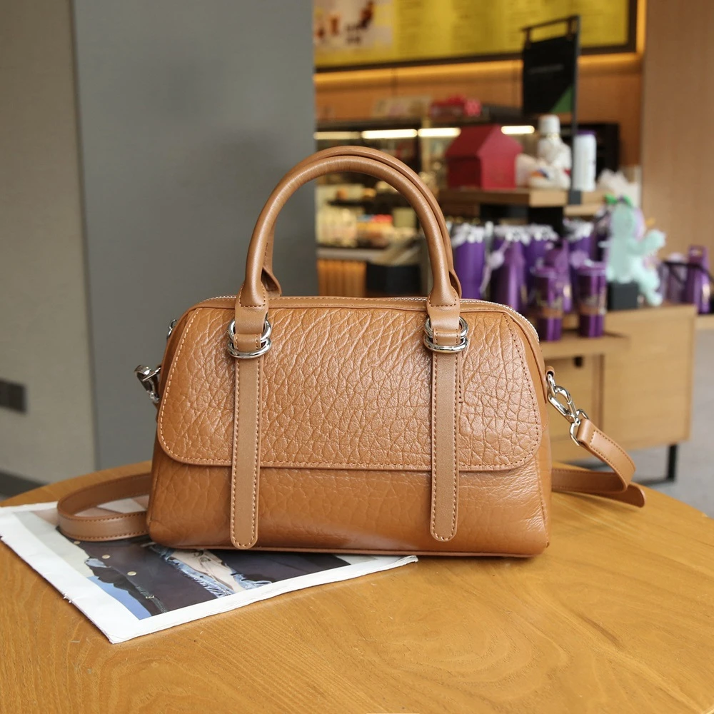 新款真皮波士顿女包休闲百搭手提包头层牛皮泡泡纹单肩斜挎包