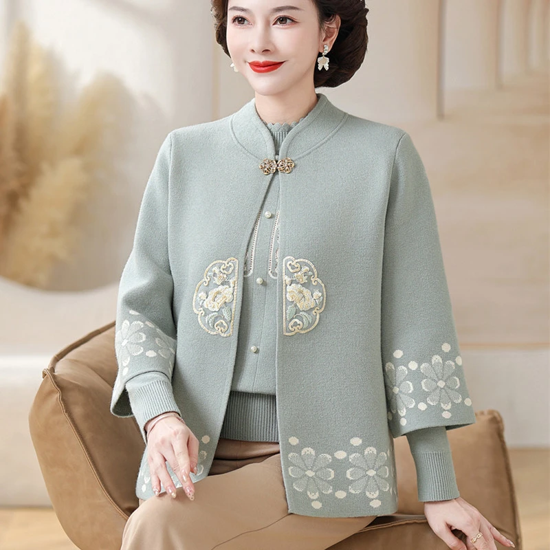 正品妈妈装新款国风中式两件套针织中老年女春秋毛衣开衫外套女装
