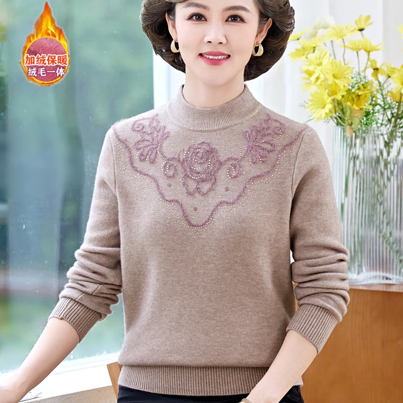 中老年女秋冬装加绒加厚毛衣洋气高贵妈妈装一体绒保暖打底衫上衣