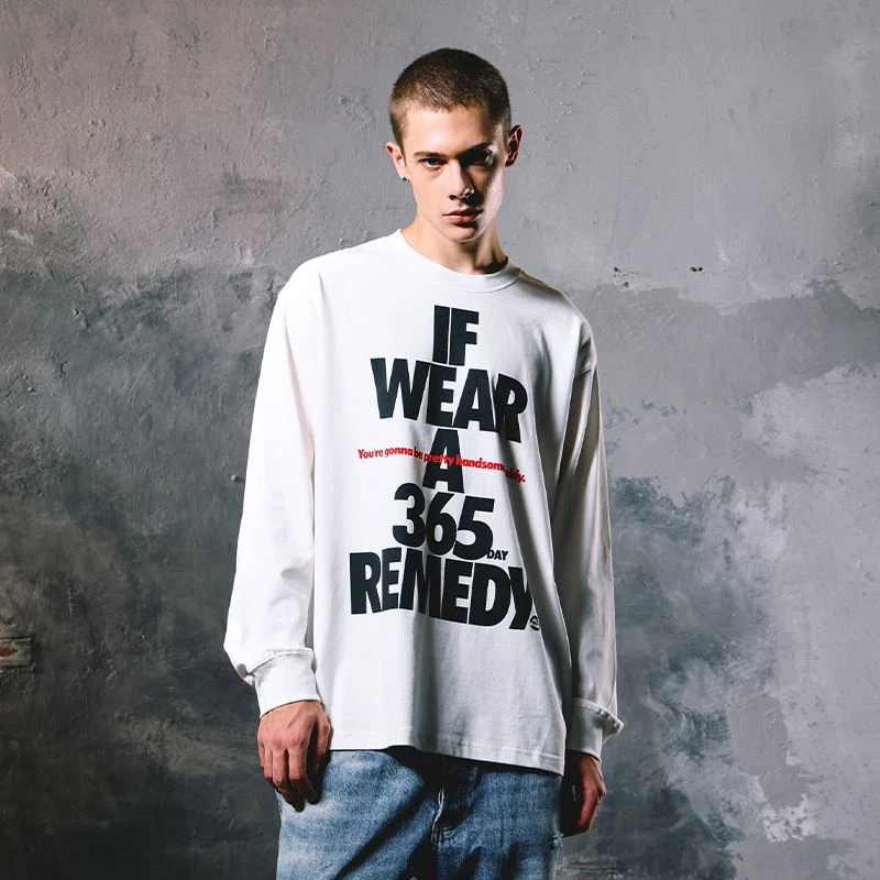 Remedy 秋季国潮365标语宽松休闲打底衫美式街头情侣长袖t恤男女