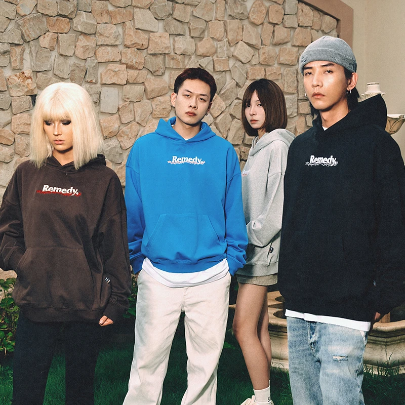 Remedy 秋冬款刺绣涂鸦体宽松休闲帽衫美式潮牌情侣连帽卫衣男女