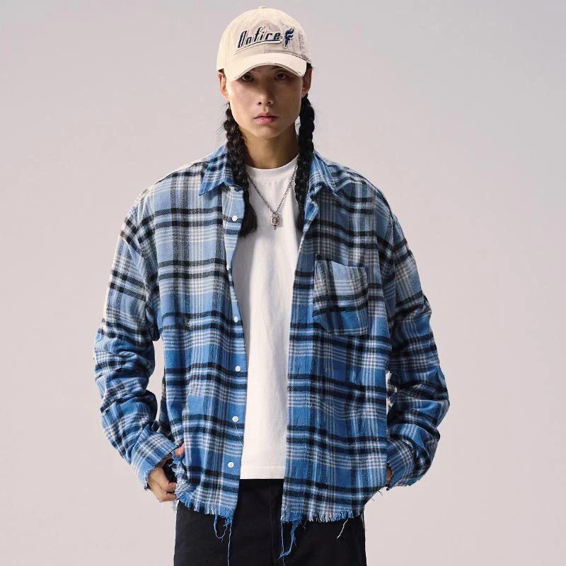 Remedy秋冬新款国潮水洗渐变流苏外套美式街头潮牌长袖格子衬衫男