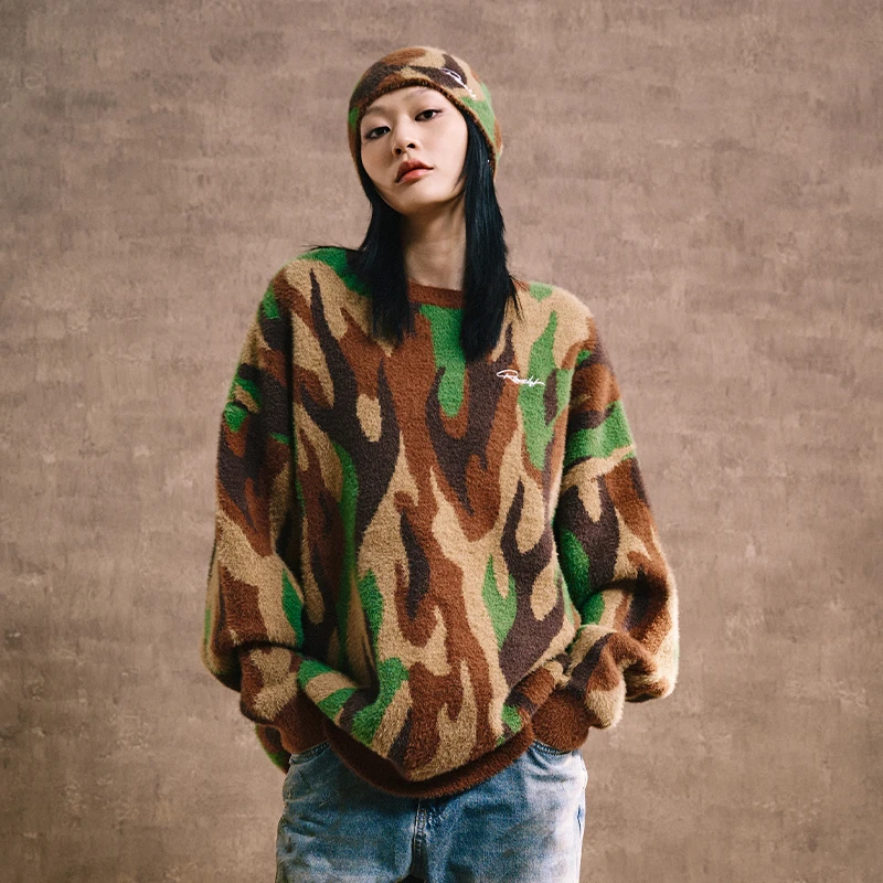 Remedy秋冬新款火焰迷彩套头毛衣街头宽松潮牌针织衫男女