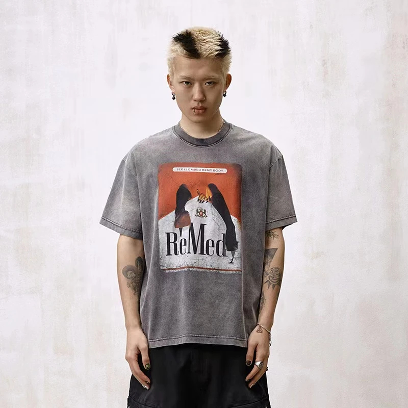 Remedy 夏季国潮做旧万宝路宽松boxy体恤美式潮牌复古短袖T恤男
