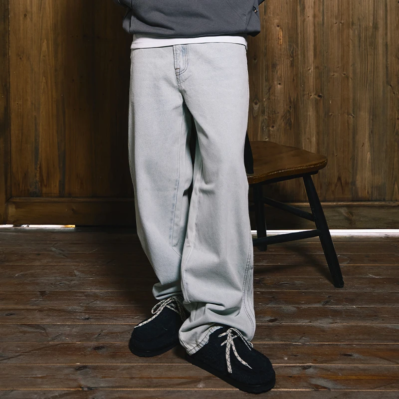 Remedy 秋季新款国潮宽松直筒休闲长裤美式潮牌条纹水洗牛仔裤男