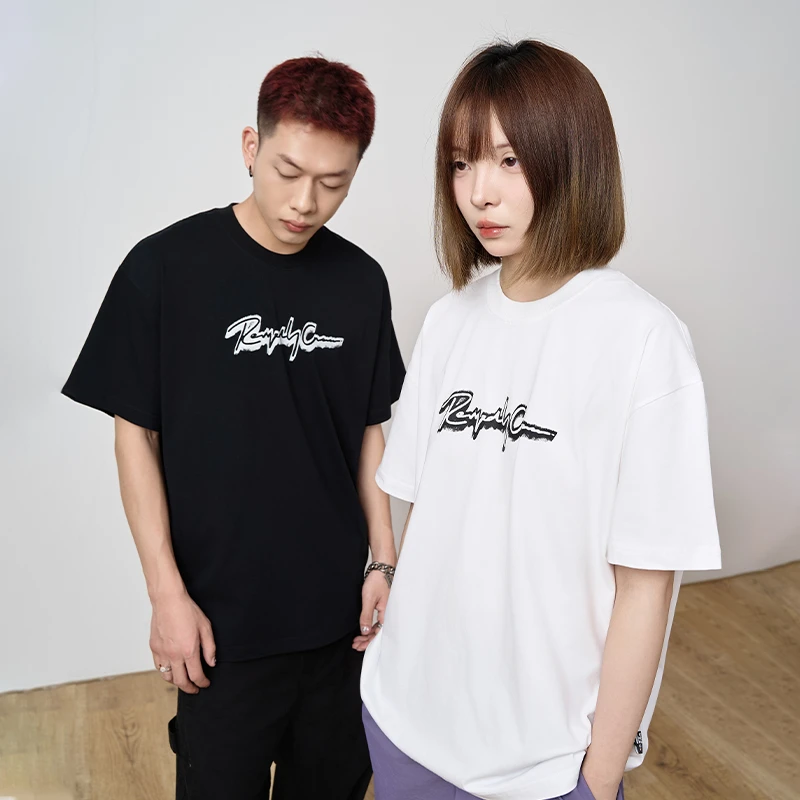 Remedy 夏季国潮手写体宽松短袖T恤男女美式街头潮牌休闲情侣体恤