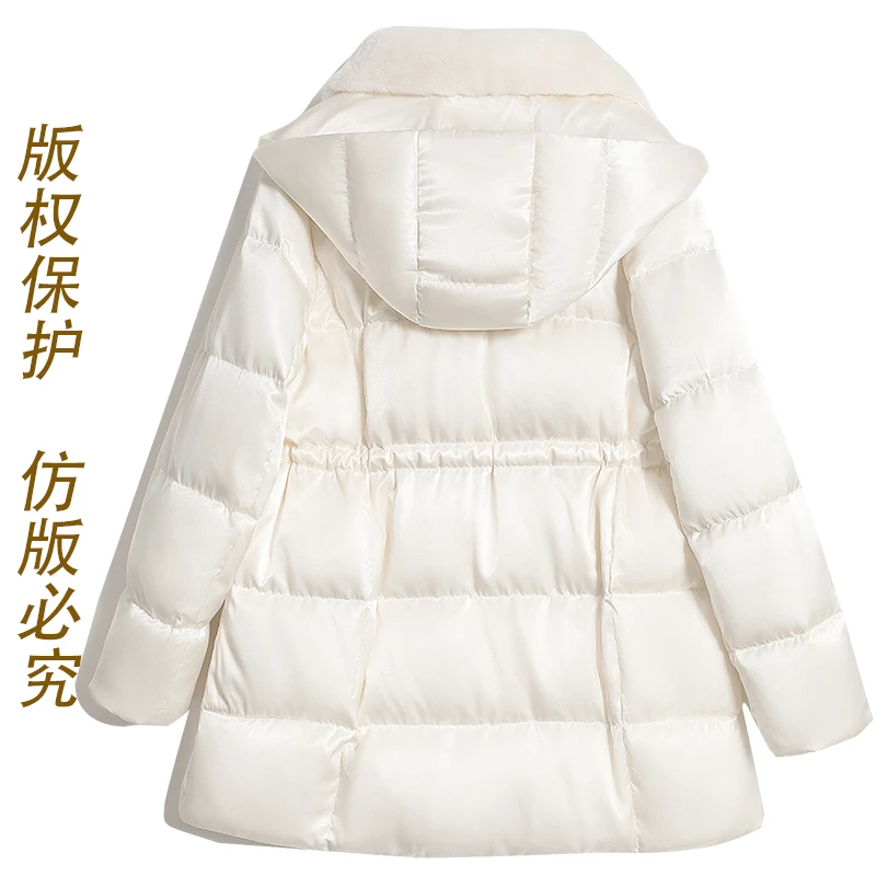 暖冬物语 轻暖90白鹅绒皮毛一体拼接翻领连帽修身皮草羽绒服女冬