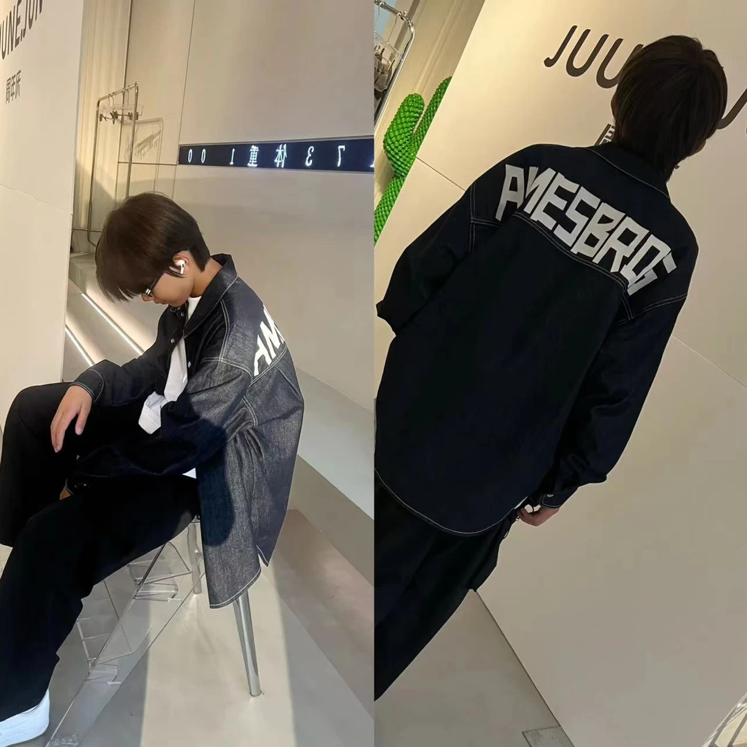 [XJ]蓝色牛仔设计款时尚潮流宽松翻领牛仔衬衫外套（秋日满满）