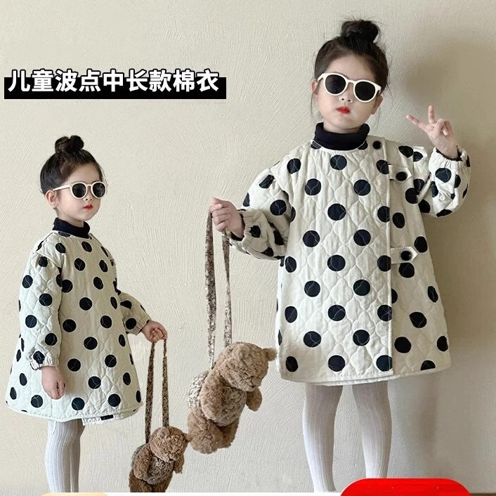 女童圆点中长款棉衣2025秋冬宝宝洋气新款夹棉绗线加厚波点棉衣