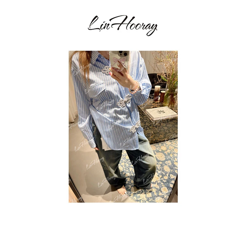 【HoorayLin】“胡ke同款”24春夏新中式条纹衬衫新款斜领盘扣#35112