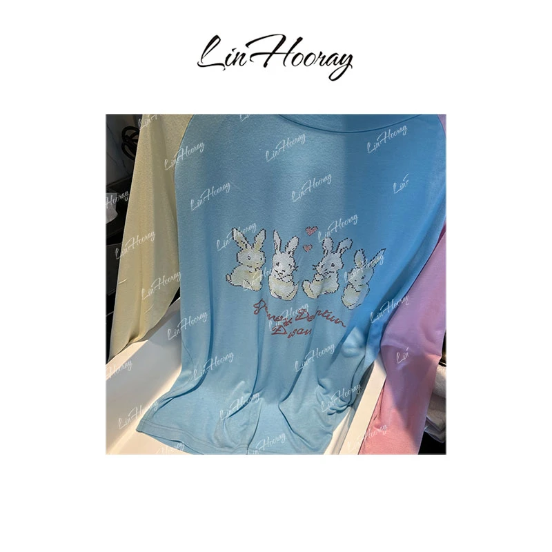 【HoorayLin】“马卡龙爱心兔”2024夏日打底醋酸薄款t#KK010