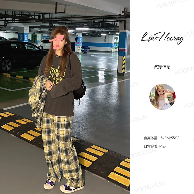 【HoorayLin】格纹定制遛弯定制阔腿裤
