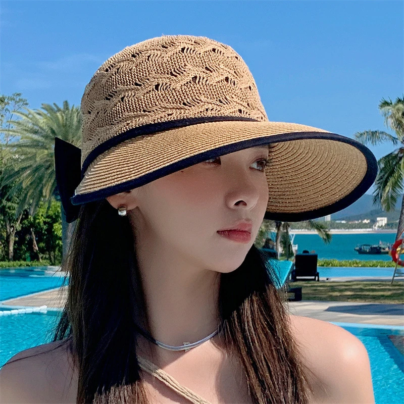 时尚韩版草帽镂空透气遮阳帽蝴蝶结可折叠防晒帽女简约太阳帽新款