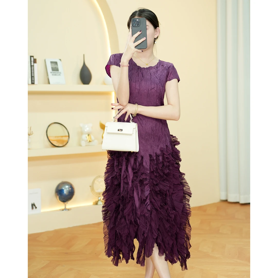 【欧洲站】5133高端褶皱圆领气质连衣裙纯色长裙宽松