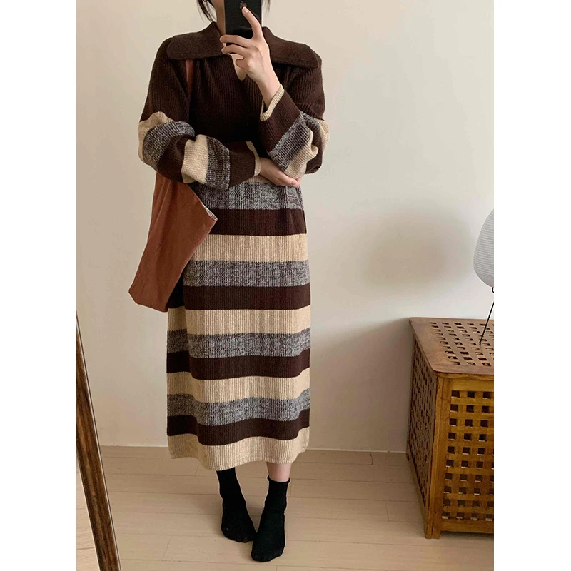 韩系秋冬过膝连衣裙女条纹宽松针织中长款遮肉显瘦毛衣裙时尚
