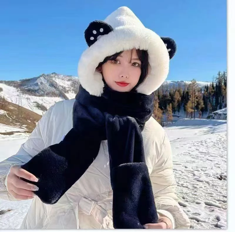 黑白帽子围巾手套一体三件套冬季保暖防寒加厚