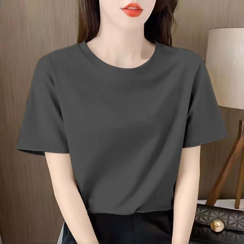 高档印花短袖t恤女夏季夏装灰色女装新款圆领显瘦正肩T恤短袖