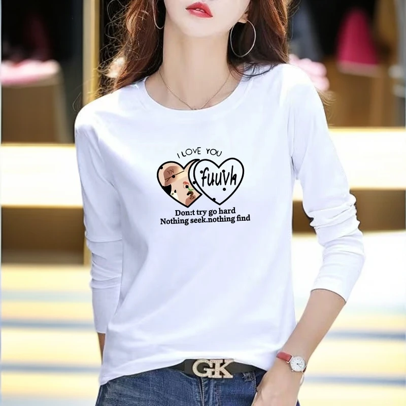 2025春秋新款高品质棉白色T恤女印花长袖宽松显瘦上衣女百搭打底