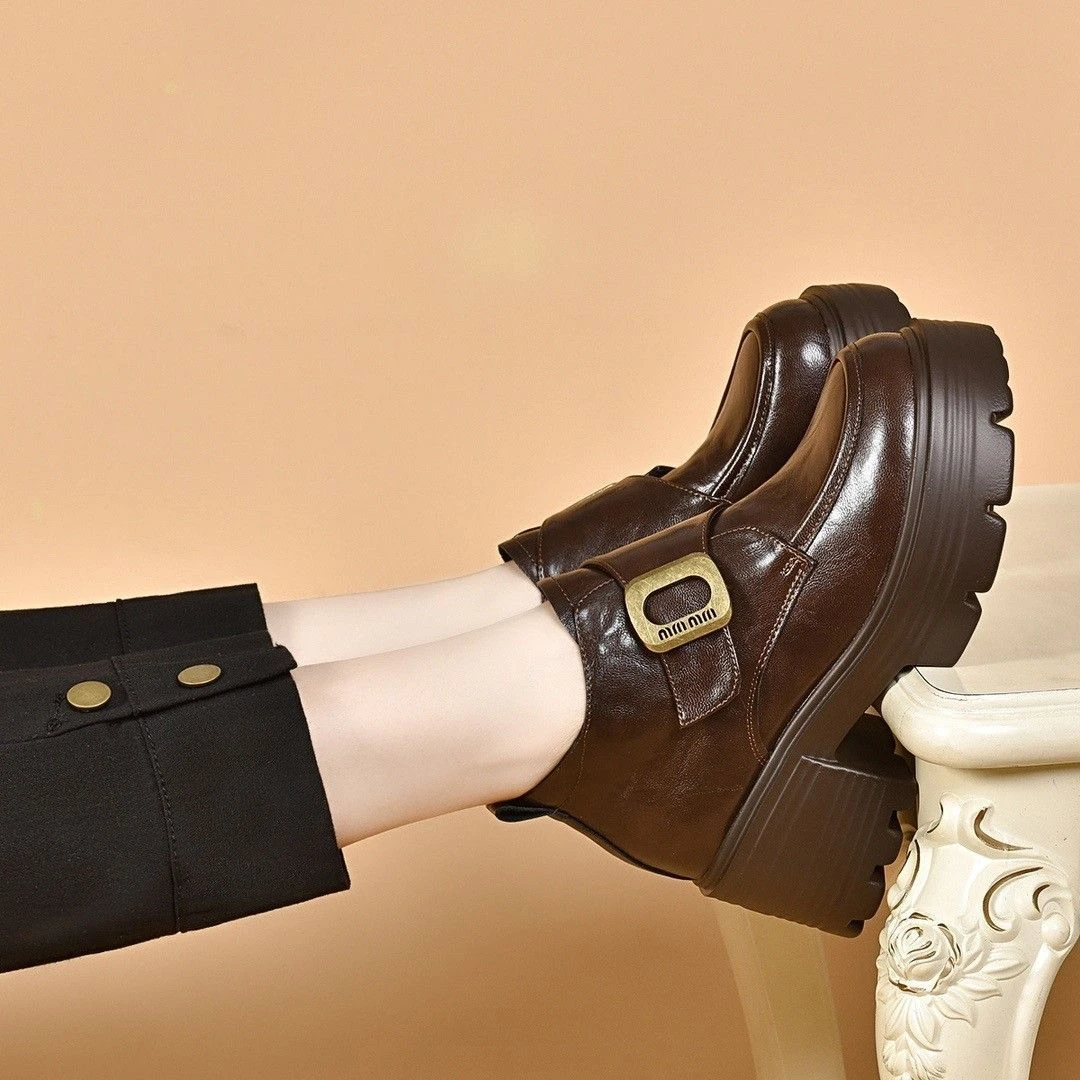 真皮厚底高帮鞋女新款2025秋季软面粗跟及裸短靴英伦风软底高跟鞋