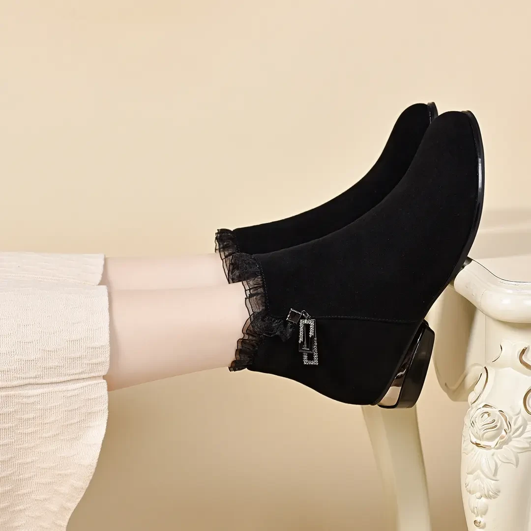 粗跟新款磨砂蕾丝边时尚百搭女靴子单靴羊皮圆头短靴爆款舒适绒面