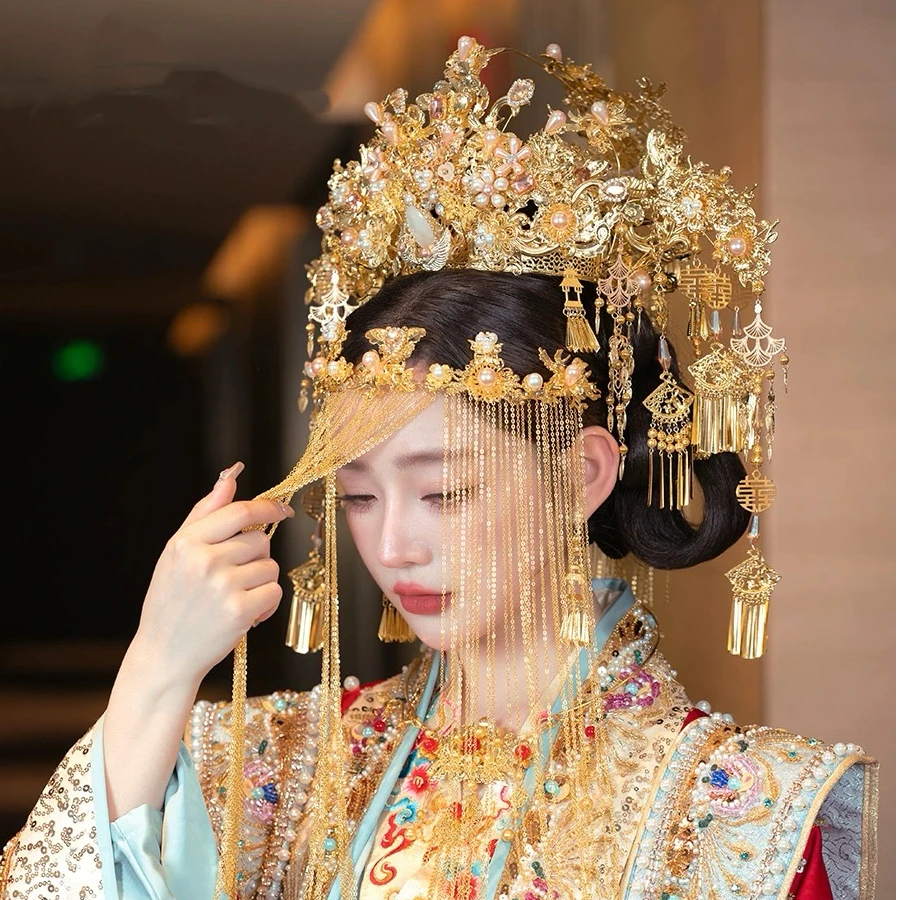 喜饰新中式婚礼凤冠霞帔古装头饰传统结婚秀禾龙凤褂凤冠黄金头饰