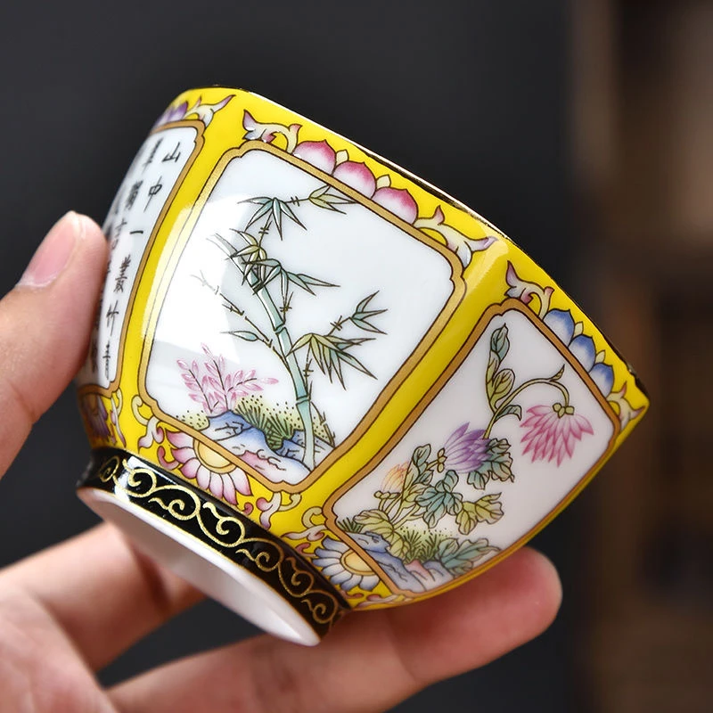 珐琅彩六方主人杯绿色梅兰竹菊宫廷风新款高颜值男女茶杯高档茶具
