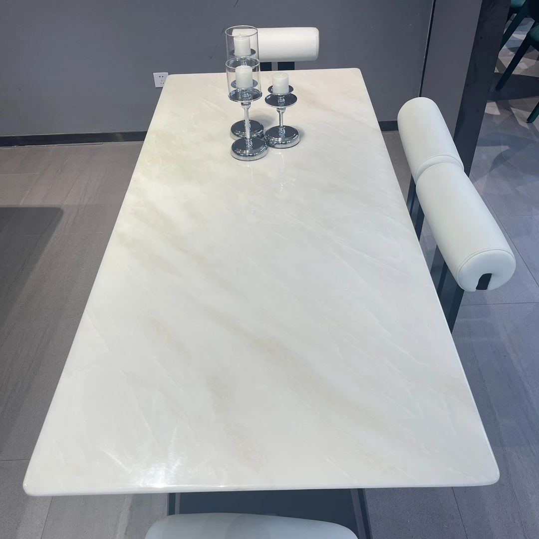 米兰白玉纯天然大理石轻奢家用大小户型餐厅奢石方形奢石餐桌饭桌