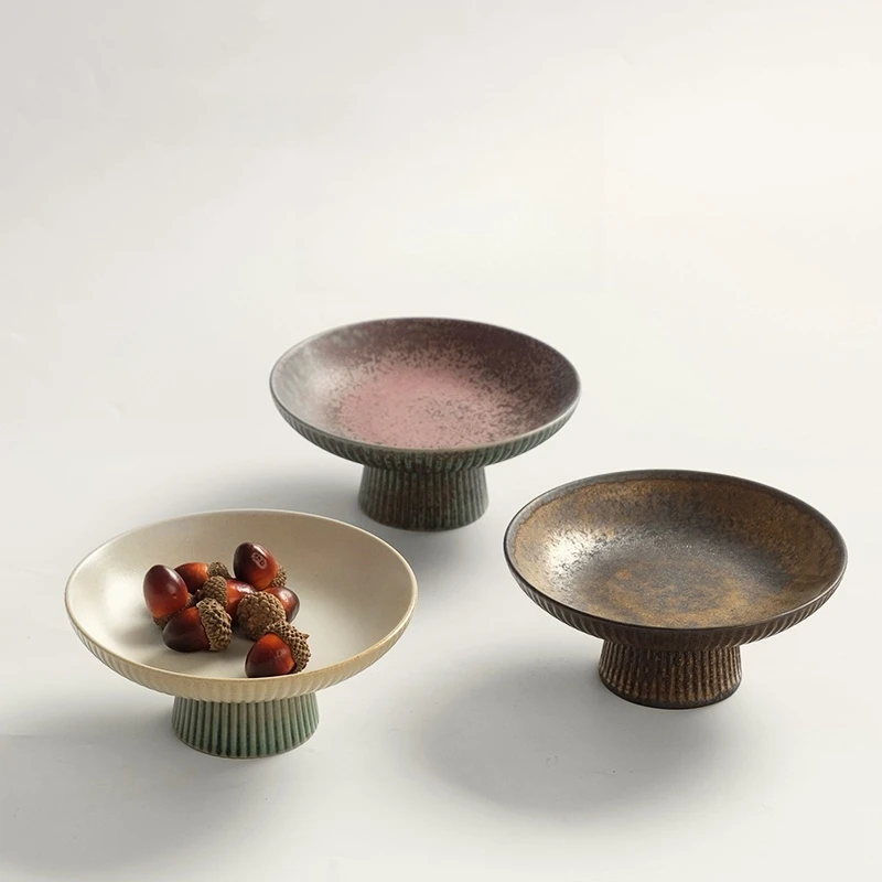 M中式高脚茶点盘粗陶窑变水果盘日式点心干果碗陶瓷托盘禅意小碟