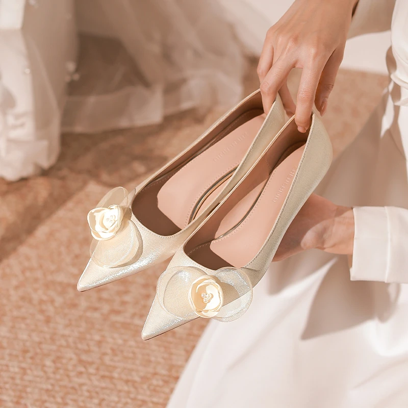 【池美】法式高跟鞋仙女风主婚纱婚鞋孕妇平时可穿不累脚伴娘鞋细跟