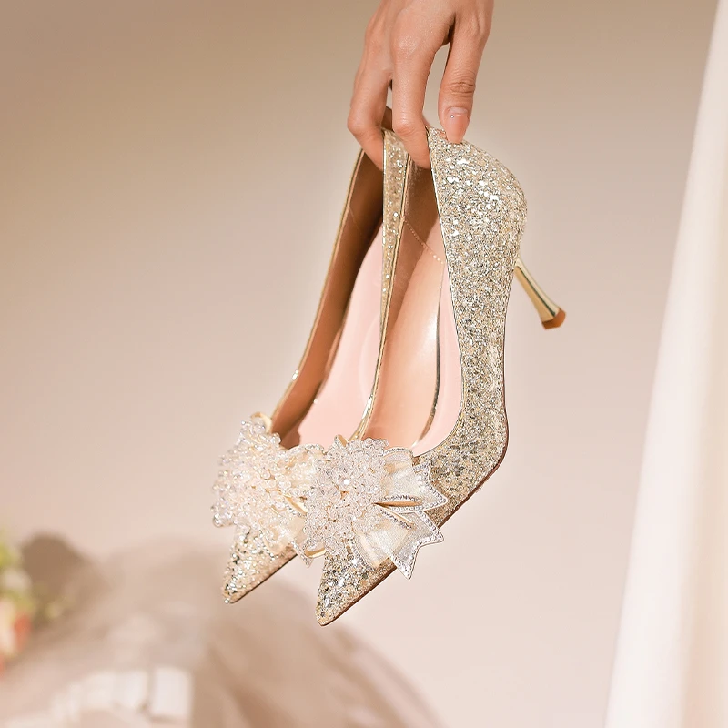 【池美】爆闪香槟色花朵水晶鞋绝美高跟鞋婚鞋禾秀婚纱两穿新娘鞋