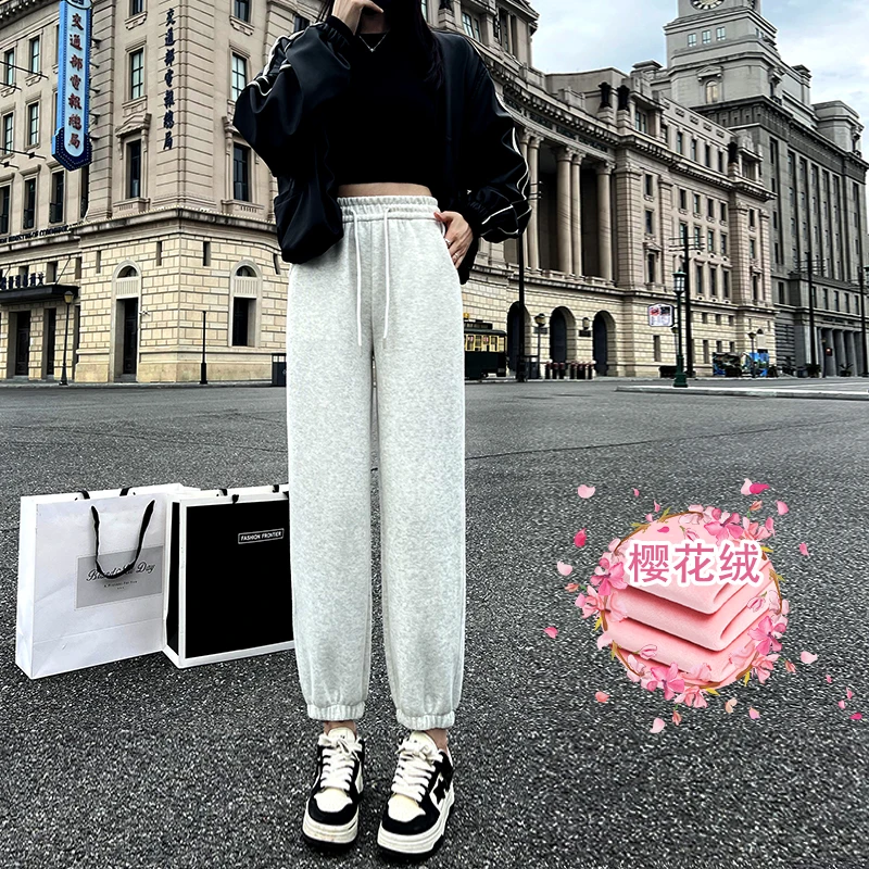 秋冬加绒灰色运动裤休闲女小个子高腰休闲百搭窄版九分束脚卫裤子